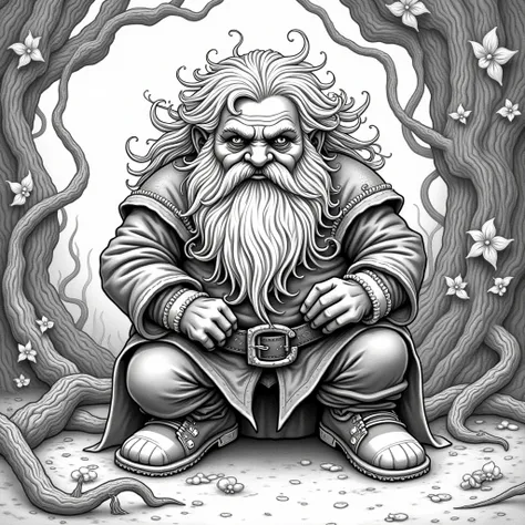 dwarf, black and white, tangled (Melhor qualidade)   ultra-detailed white footwear  , fine line drawing, fine line art, Coloring book illustration style, intricate line work, Highly detailed illustration,  Perfect composition, beautiful and stunning, dynam...