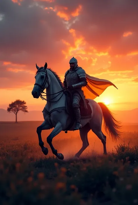  illustration of a person riding a horse in a field at sunset, Horse Warrior,  knight on horseback , Awesome Wallpapers,  Don Quixote has a book {x} rider has a big sword, High-resolution wallpapers, Wallpaper background , Krzysztof Boguszewski,   black fl...