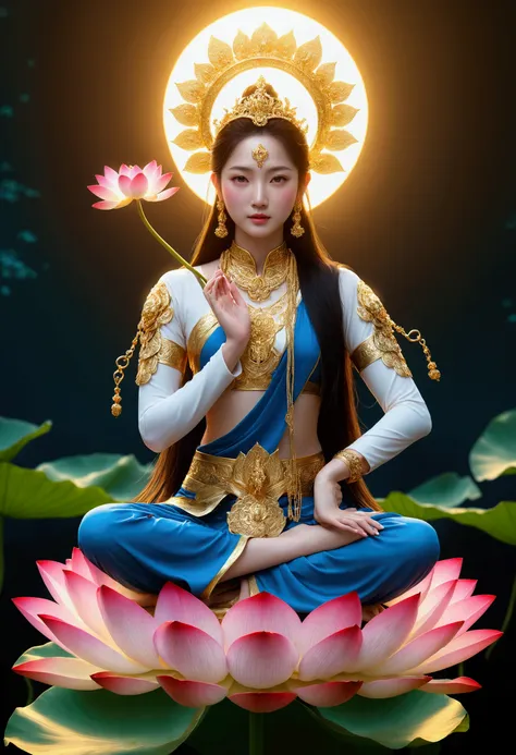 masterpiece, ultra high resolution, a beautiful goddess holding a lotus flower ,keep your hands outward ，elegant handprints， ope...