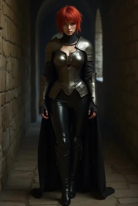 DArce stands in a dim corridor of an ancient castle, her short, messy red hair framing her sharp and determined expression. Her medieval armor gleams in the dim light, slightly reshaped to highlight her curves, with a fitted chestplate that emphasizes her ...