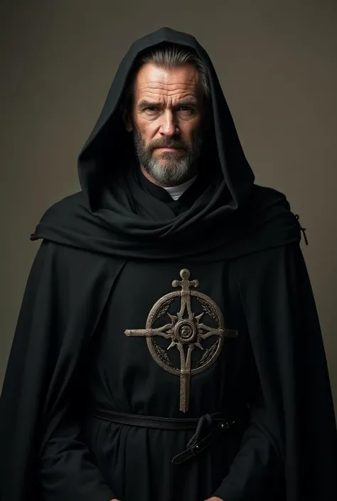 Game of Thrones Stil:  a medieval male priest, middle age, haggard face ,  black simple worn robes made of rough fabric. The Borons wheel is embroidered on the robe 