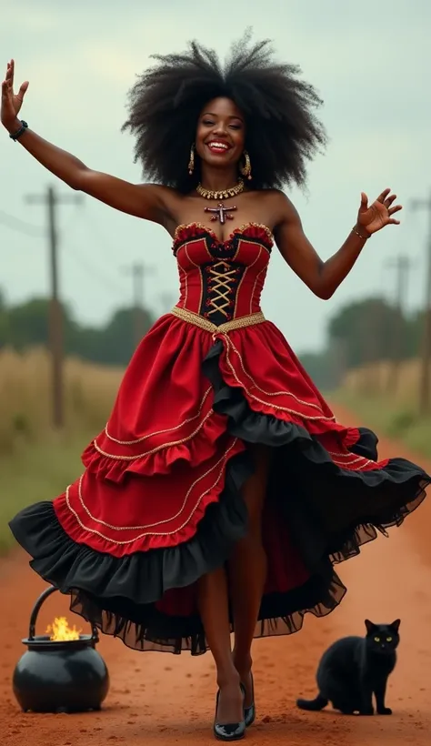 Realistic image of a Black woman, with black curly hair, with a smile on her face with red lipstick, wearing gold earrings, black polka dot necklace, red and transparent with a cross at the base of the necklace. In one hand she is stretching her skirt. Her...