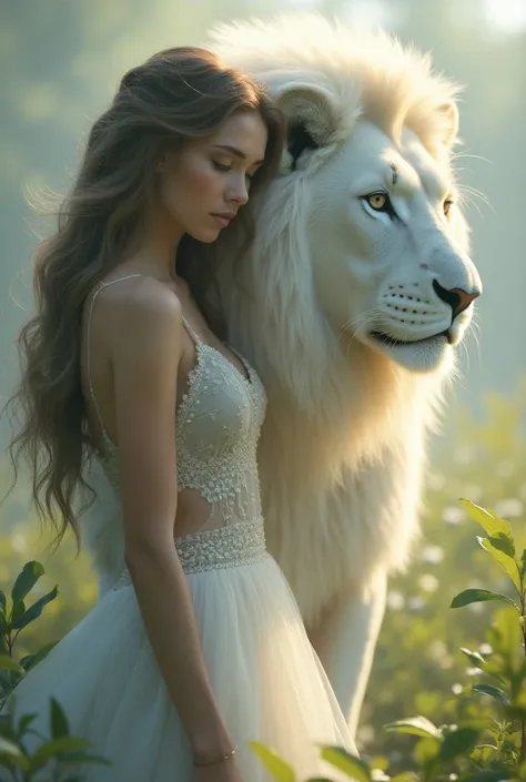 Make a beautiful white lion and beautiful woman 