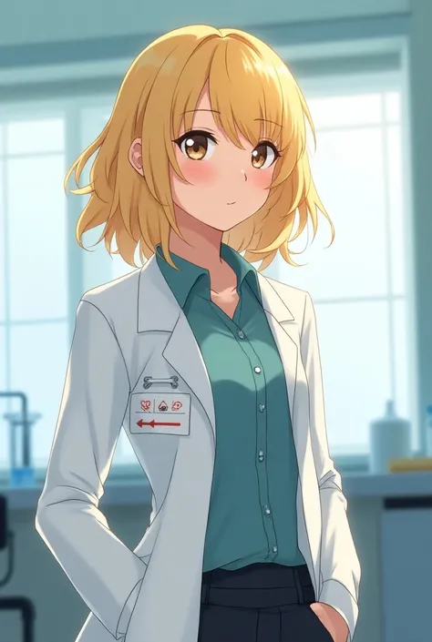 Blonde woman anime character, intelligent, fun, slightly disheveled young intern , wearing a white coat 