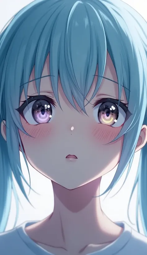  short twin tails, Blue Hair/Light blue hair, Odd Eye, Slanted Eyes, Cry with your eyes open, 