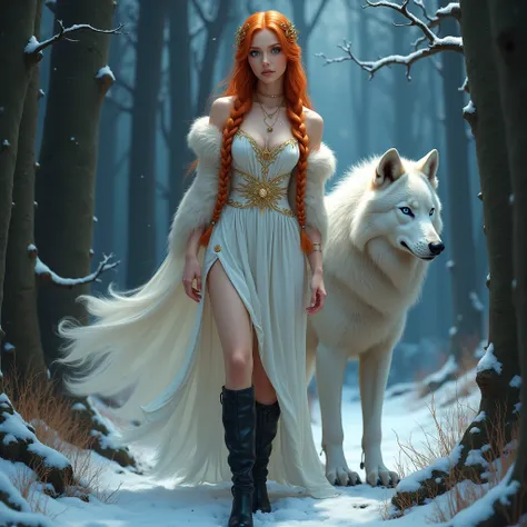  full body name of a woman with long red hair,  braided braids , and blue eyes,  that a white dress , with golden details ,black boots,Fantasy-Stil,wide thighs,  small big belly , white wolf, dark forest , Snow,  fur on shoulders ,