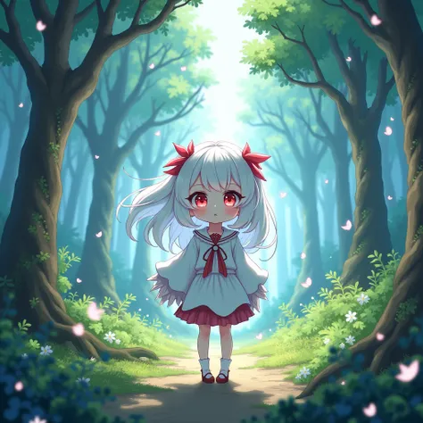 Menima of 
 17-year-old anime with white hair and red eyes came out extremely short in an enchanted forest 