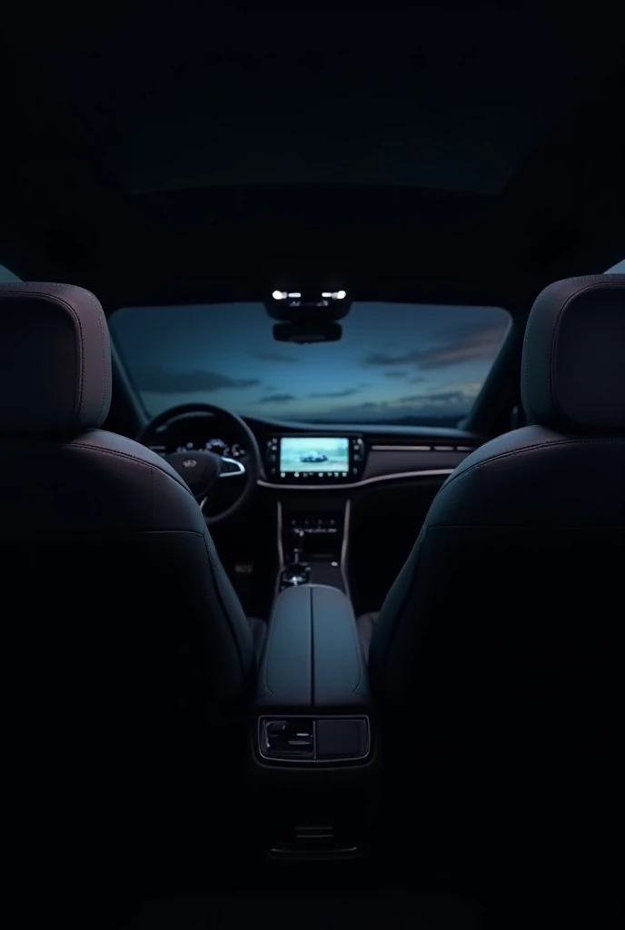 Interior of a car at night, dark atmosphere with ambient lighting. View from the back seat, focusing on a large widescreen display mounted on the back of the front seats. The screen is illuminated, contrasting with the dark interior. Soft ambient lighting ...