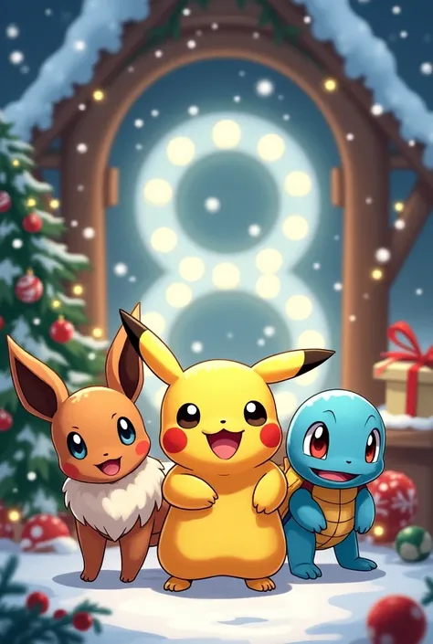 Plusieurs Pokemon sur un fond de noel avec un chiffre huit