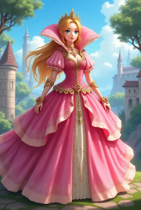 Anime, Hyrule Warriors Princess Zelda wearing a Pink Dress with a Massive Medici Popped Collar thats taller than her head