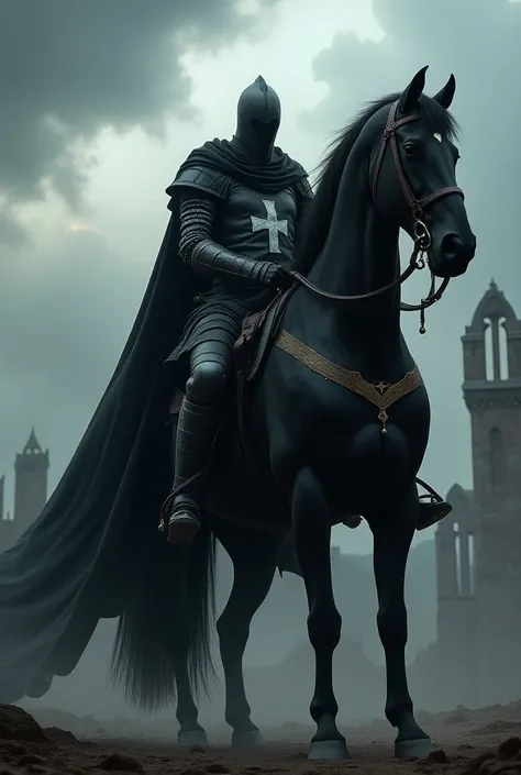 Masked Templar tattoo on top of a very badass black horse epic scene 