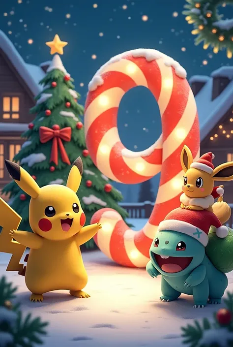  Plusieurs Pokemon sur un fond de noel avec un chiffre neuf 