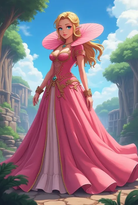 Anime, Hyrule Warriors Princess Zelda wearing a Pink Dress with a Massive Medici Popped Collar thats taller than her head