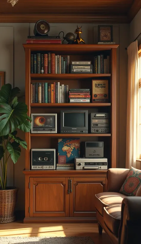 Realistic ,Movie Scence, 8K , HD , high-resolution image , super detailed, 16K masterpiece in Ultra HD, The image depicts a 80s era , the shelf that contain many kinds of , tape cassette , novel , VHS , radio in the leaving room.