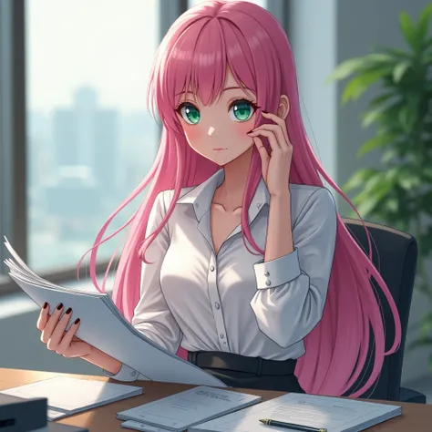  Girl with pink hair green eyes reading files dressed as an office worker , putting her hair behind her ear with her left hand 