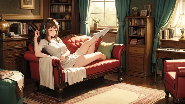 A retro room lined with bookshelves, where a woman sits wearing headphones, immersed in the music. The room exudes a vintage charm with wooden furniture and soft lighting. The woman, dressed in period-appropriate fashion, sits comfortably, her eyes closed ...