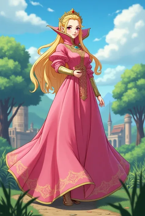 Anime, Hyrule Warriors Queen Zelda wearing a Pink Dress with a Massive Medici Popped Collar thats taller than her head