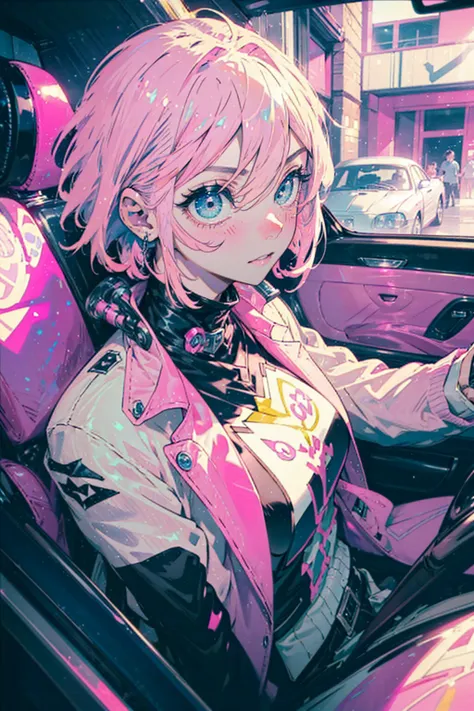 1girl,solo,cool,(((pink short hair,blue eyes))),racer,uniform,
in car,classic car,luxury car,super car,driving,luxury leather sh...