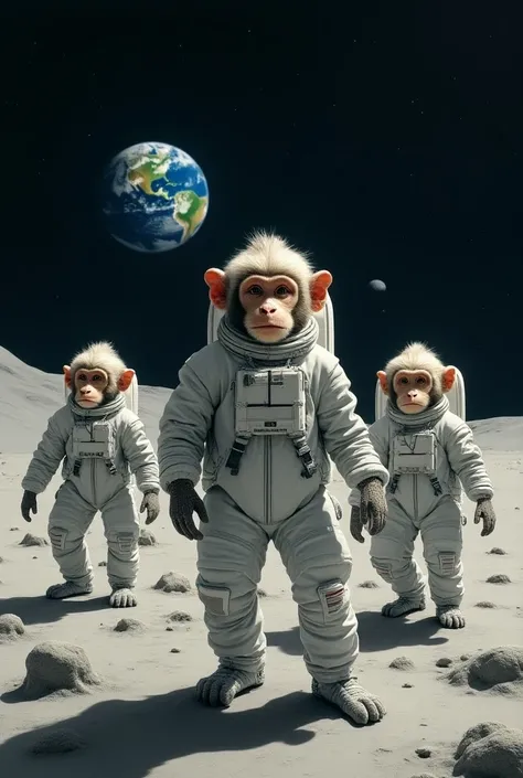 Monkeys wearing astronaut suits standing on the moon