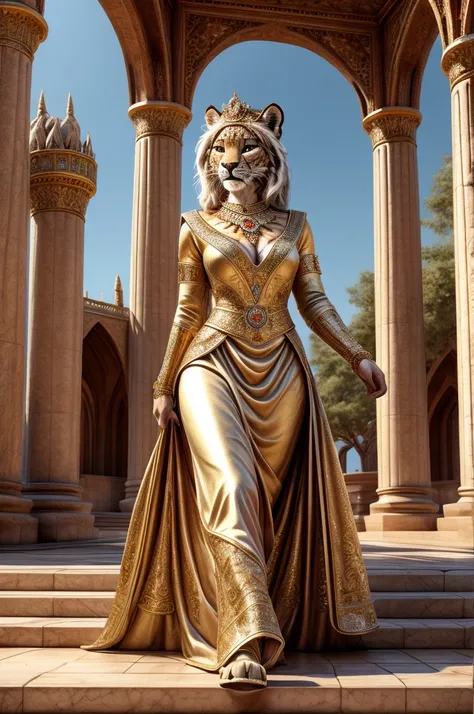 "Create a humanoid animal standing, with a majestic and powerful appearance, in the body of a leopardess. The creature is dressed in a detailed queens outfit, wearing an imposing crown and royal ornaments. She is walking through a grand plaza, surrounded b...