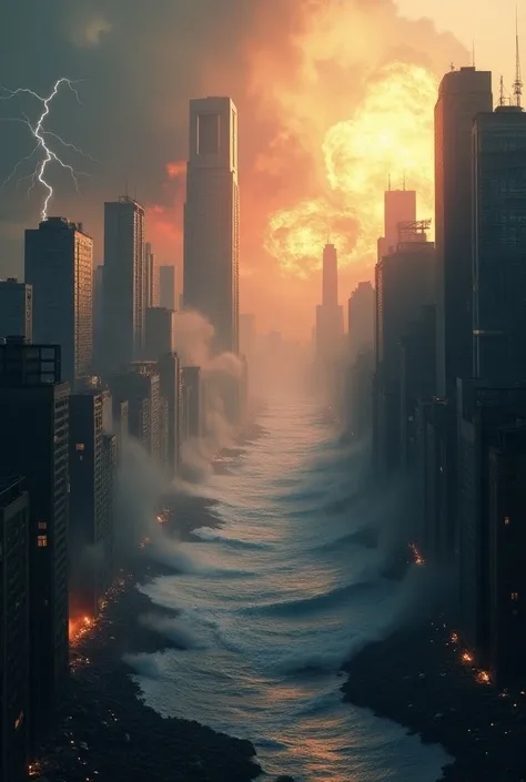 A vision of modern cities in total collapse. Skyscrapers crumble in cascades of glass and concrete, while giant waves sweep through the streets, carrying away vehicles and debris. Explosions occur in the background, sending columns of smoke and fire into t...