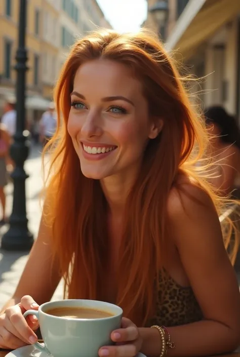 A stunning American woman, with long flowing red hair and captivating blue eyes, is laughing and talking with friends at an outdoor café in Rome. The video begins with her sitting at a table, sipping her coffee, and playfully tossing her hair back. Her sof...