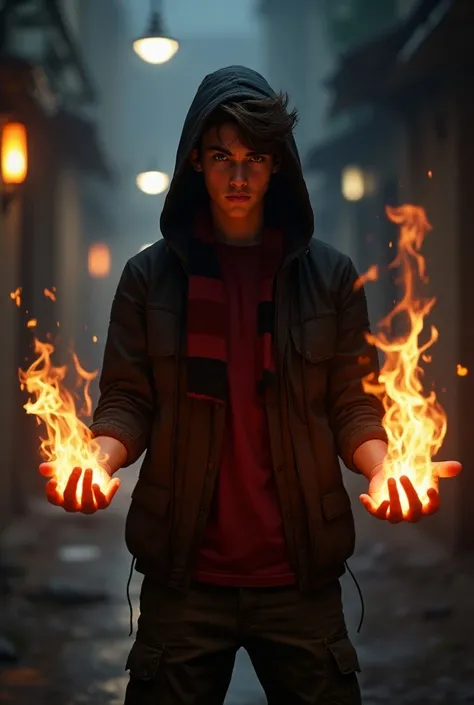 A 18 year old boywith black hoodie and maroon t-shirt wearing a maroon scarf with black stripes and a cargo pants who has magical dark fire power in hand