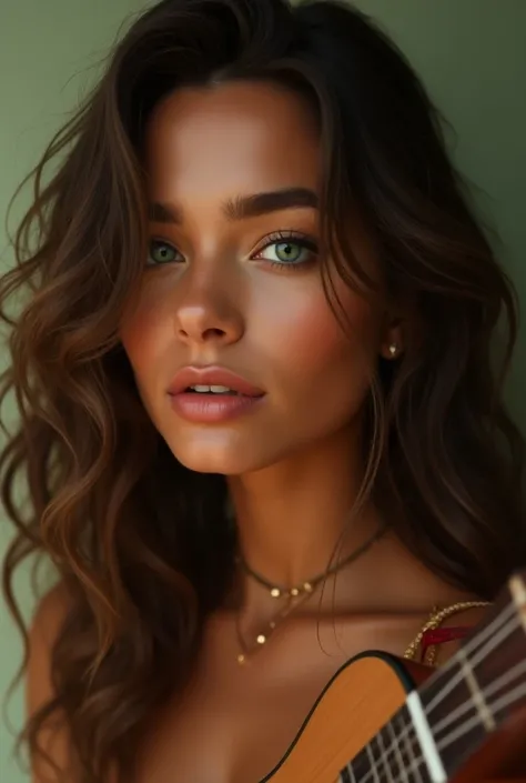 Brazilian woman wavy brown hair green eyes, traces of black, Ukulele  