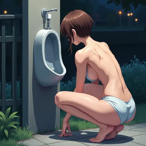 beautiful, masterpiece, detailed, best quality, (anime drawing), mature woman, pixie cut brown hair, topless, white panties, squatting down, cleaning an outdoor urinal, park, night, one standard wall-mounted urinal, close up, bare back, barefoot, facing co...