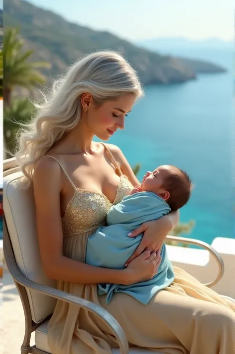 18 year old young woman,  silver hair largo, blue eyes profundo,  white skin, shiny gold dress,  sitting in an outdoor chair ,  on the balcony of a house in Greece , with the ocean in front ,  with a newborn baby in her arms,  wrapped in a blue blanket , b...