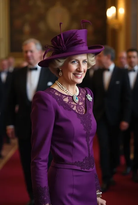 63 years old princess diana attending kimg charls coronation and she wearing old money official dress with hat in purple color 