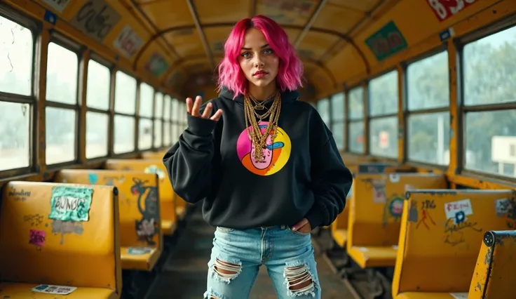 (masterpiece, best quality:1.2),
(8K, ultra-detailed, hyper-detailed, RAW photo quality, Unreal Engine rendering:1.3),
(view of the inside of an old yellow school bus, with worn-out seats and graffiti-covered walls:1.5),
(a female rapper with vibrant pink ...