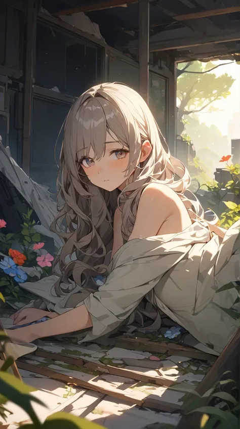 One Girl、 gentle expression、Soft Eyes、 long curly hair 、 wearing survival gear 、 being in ruins in a relaxed position、Small breasts、 observing surrounding items 、  
   break、  
   Twilight Light、(Gentle Light:1.2)、Warm shades、Soft Shadows、Peaceful atmosphe...