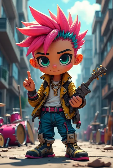 Urban punk probes on disc, or some cardboard or made of thermocol stuff gor decoration some more like this based on urban punk theme like cool, catchy and attractive cartoon things and persons make its spiky colourful hair  with golden chain in neck having...