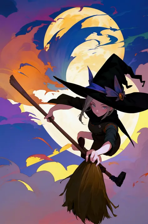 Adult witch flying on a broom, both hands holding the broom handle
