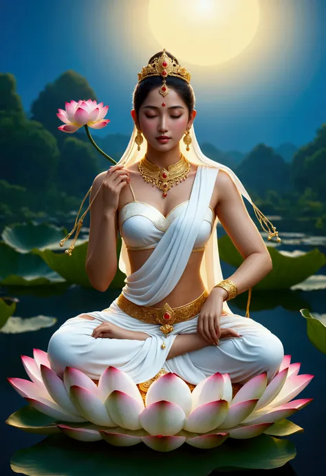 masterpiece, ultra high resolution,beautiful indian goddess holding a lotus ,hand palm up， open your eyes ，look at the audience,...