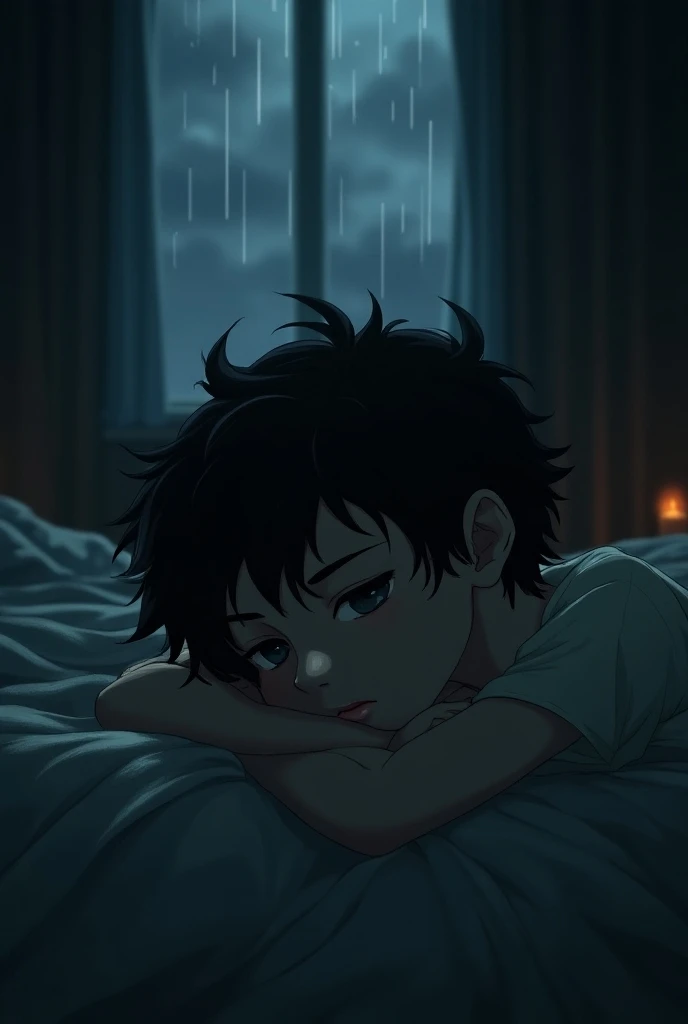 a boy with black hair ,  in your bedroom lying on your bed, opening your eyes in the middle of the night in gloomy weather.in a dark art 