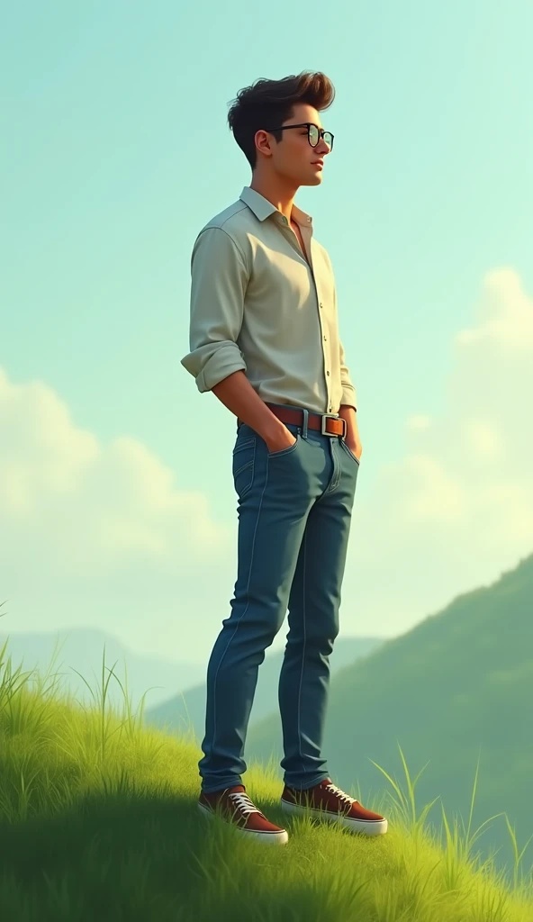 A stylish tall young boy with healthy figure,standing on a hilltop,He is wearing shalwar jeans and glasses,background green grass,side pose,side view,