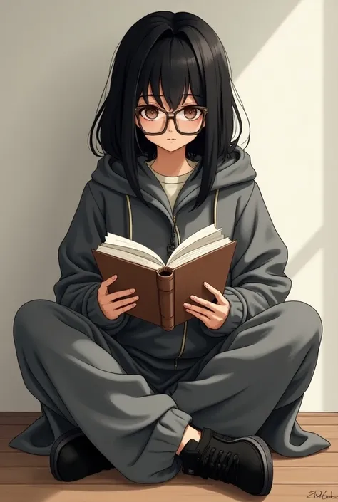 girl with black hair and brown eyes and rectangular lenses , medium cut straight hair, Hairstyle in the center and without fringes, READING A BOOK.  dressed in oversized gray sweatpants and coat and black Yeezy 500. 