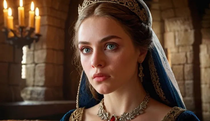 a detailed portrait of Abigail from the Bible, beautiful detailed eyes, beautiful detailed lips, extremely detailed face, long eyelashes, elegant ornate medieval dress, medieval castle interior background, dramatic dramatic lighting, cinematic, high fantas...