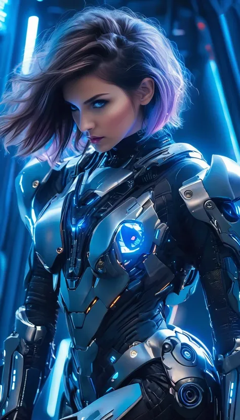 (Best Quality, 4K, 8k,    High Resolution   , masterpiece: 1.2), (    very detailed, Realistic, Realistic:1.37),   Woman in futuristic costume  ,    woman wearing exoskeleton cyber armor ,   Women in Bodycon Armor       、((    She has a plasma gun in her h...