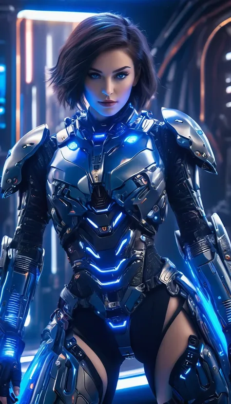 (Best Quality, 4K, 8k,    High Resolution   , masterpiece: 1.2), (    very detailed, Realistic, Realistic:1.37),   Woman in futuristic costume  ,    woman wearing exoskeleton cyber armor ,   Women in Bodycon Armor       、((    She has a plasma gun in her h...