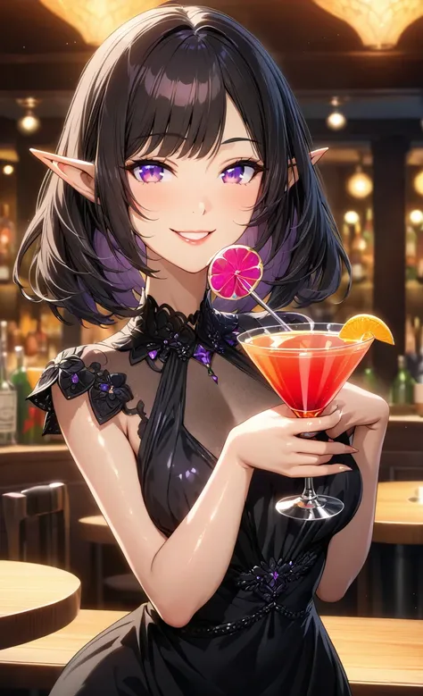 (masterpiece, ultra quality, official art, 8k, beautiful and aesthetic:1.3), (1 elf lady), solo, (cowboy shot:1.3), (Scenery while eating at the restaurant), anatomically correct, absurdres, (well-defined facial features, perfectly proportioned face, grace...