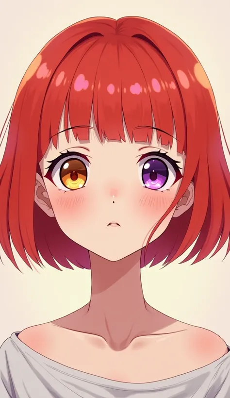 Red Hair, Odd Eye, Slanted Eyes, Anime Style, Bob Hair, Sleepy,  golden eyes,  purple eyes, 