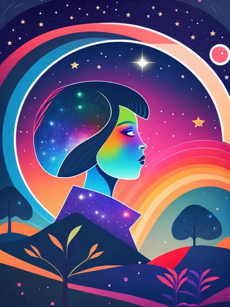 Art illustration，Starry Sky、 abstract portrait in a night landscape，tree々，colorful, small ,  Contrasting colors , In the night landscape, Icon Design, Visit Rozmin, Vector art, 1 girl, Alone，abstract and surreal color ,  popular geometric surrealism , Rain...