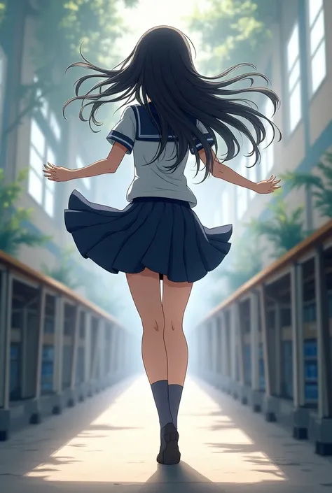 beautiful, masterpiece, detailed, best quality, (anime drawing), woman, black hair, school uniform, upside-down, doing a handstand, from behind, back view