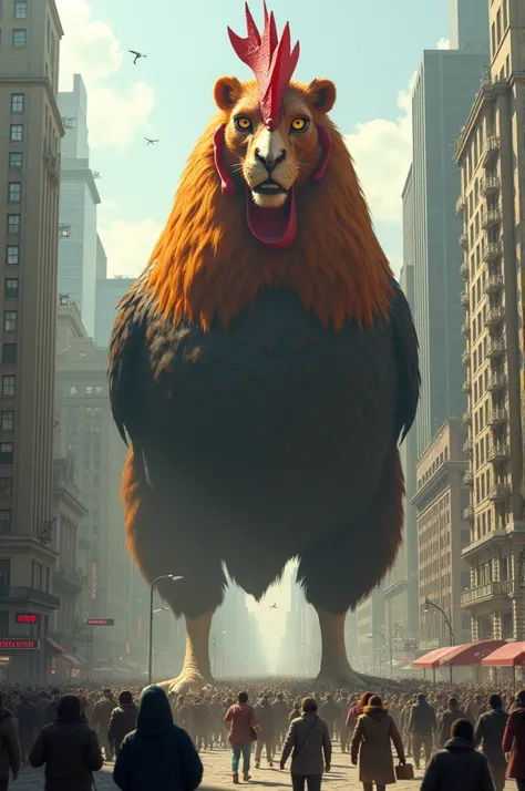 a big hen  in the city, hen have a lion face , people run away 