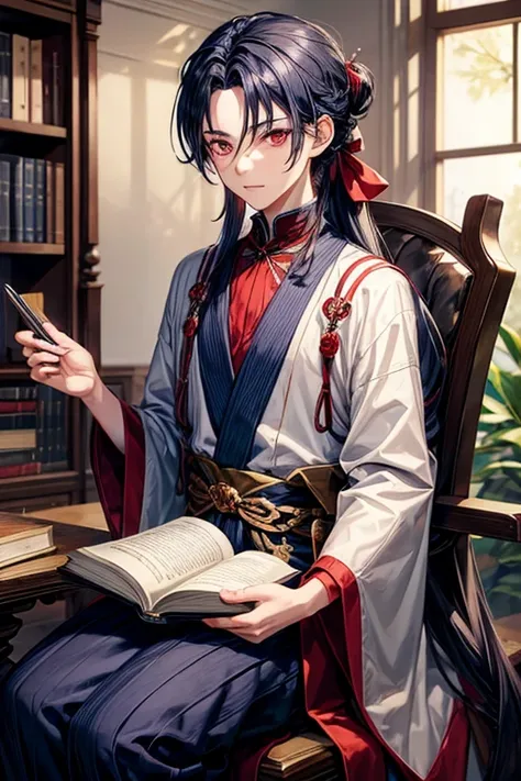 Anime young man with sharp red eyes featuring long indigo hair tied with a black ribbon decorated with a blue flower ,With light skin and wearing all the imaginary Nilotic clothes, he is sitting on a chair with a book in his hand with a library background ...