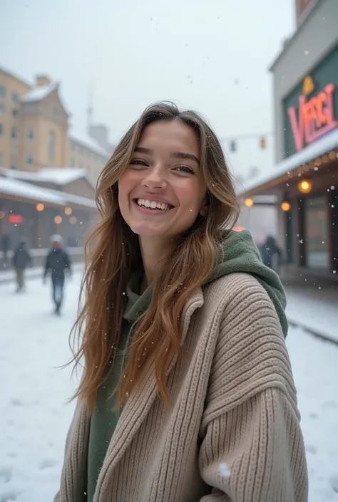 A casually dressed woman in a well-known place in Las Vegas, snowy, smiling. 