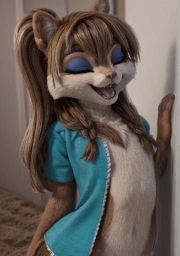 brittany_miller, one, chipmunk, fluffy, , feminine,young ,fur detailing, 3d model,  meets a guy ,waiting in the hallway ,  welco...